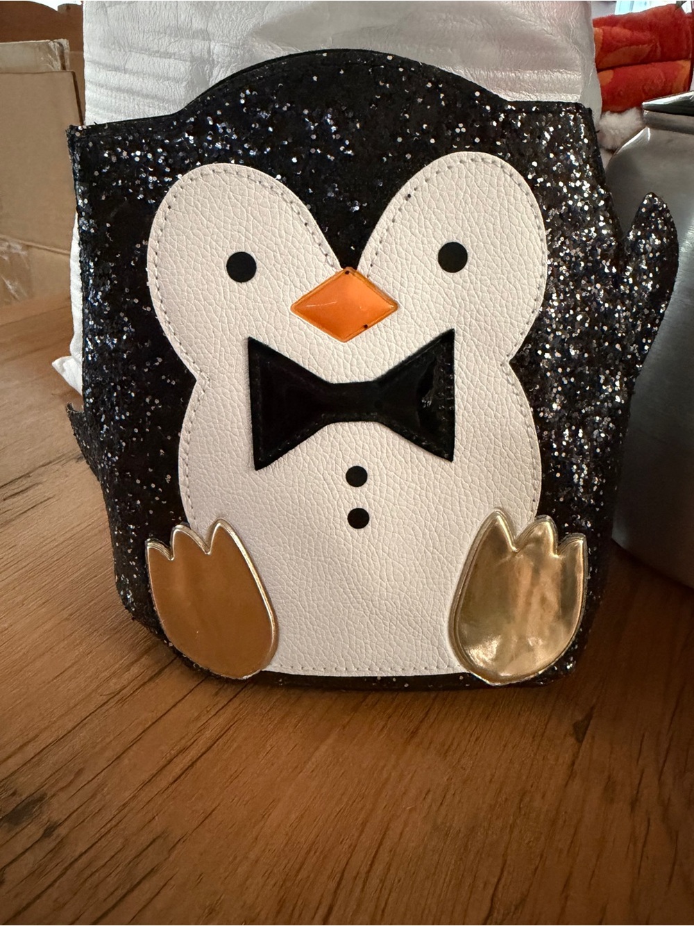 BBW Holiday Glitter Penguin Small Gift Bags Patent Black NWT